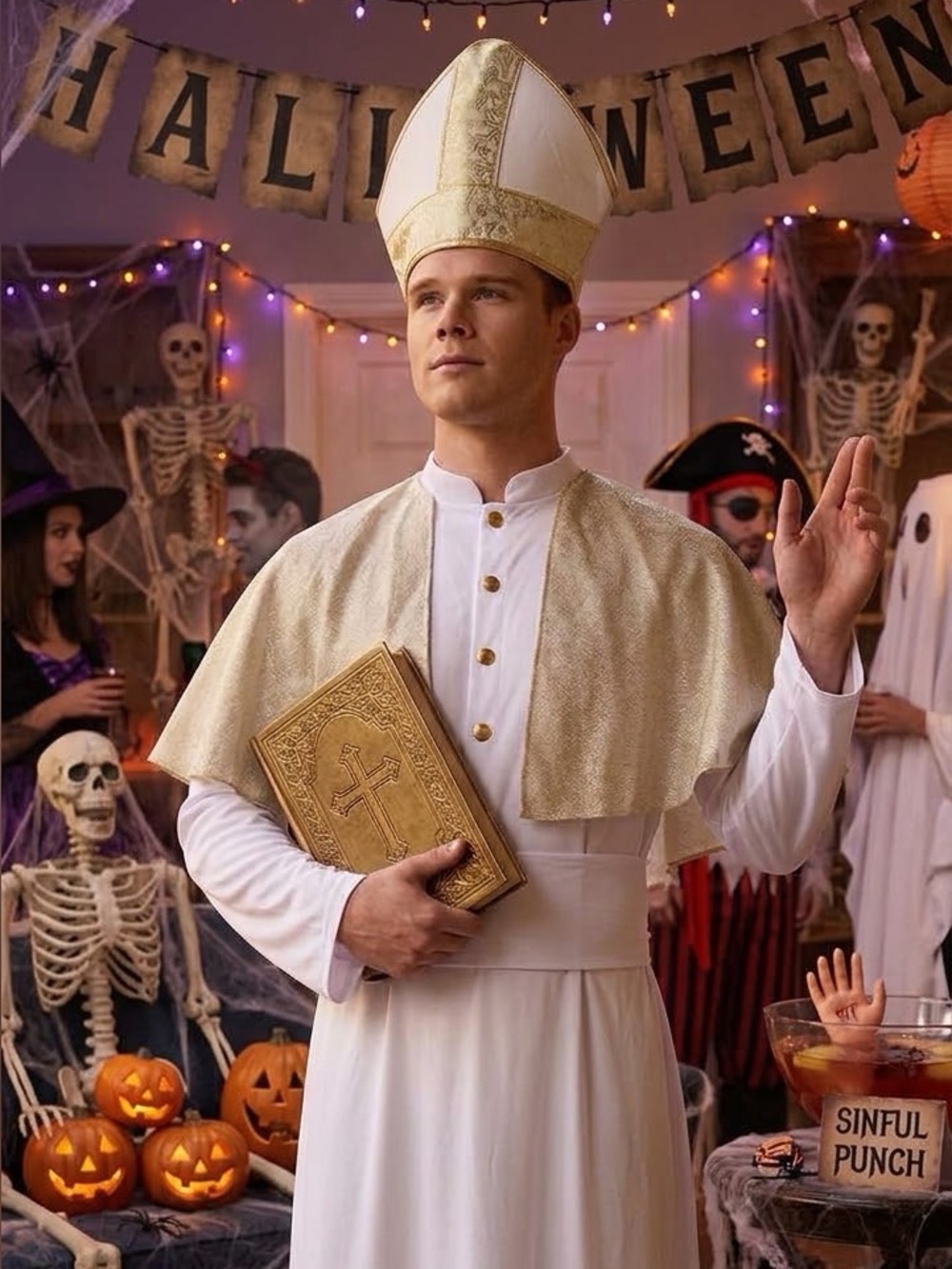 Spirit Halloween Pope Costume Set Adult One Size White Gold Robe Capelet Hat